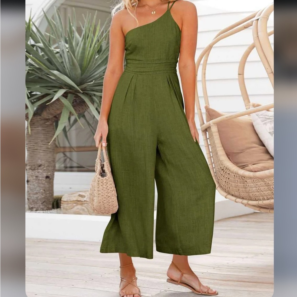 ANRABESS SUMMER‎ HIGH WAIST CASUAL WIDE LEG JUMPSUIT Sz M Linen Blend